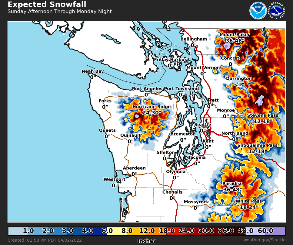 NWSSeattle's tweet photo. A strong frontal system is expected to bring significant snow to the mountains later Sunday through Monday night.  The passes will likely see the heaviest amounts and associated travel difficulties Monday and Monday night.  #wawx https://t.co/UkMJ2DbWwm