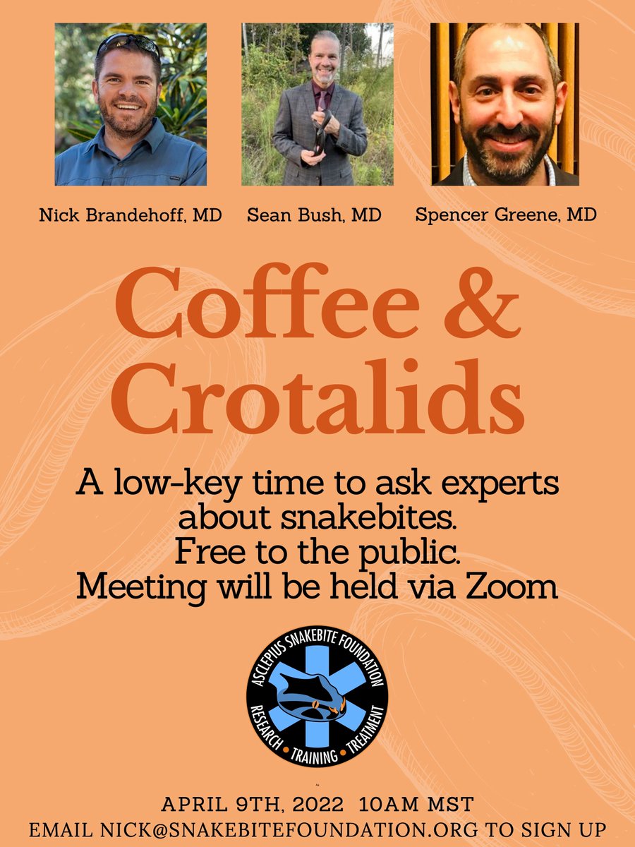 Join us for this free interactive Zoom discussion of pit viper snakebite management. You don’t even have to drink coffee. Saturday, April 9 at 12:00noon Eastern Time. If you like the forum, please consider a donation to the Asclepius Snakebite Foundation @Snakebite911 <a href="/ToxSpencer/">Spencer Greene, MD 🐍🐈💊💉🍱</a>