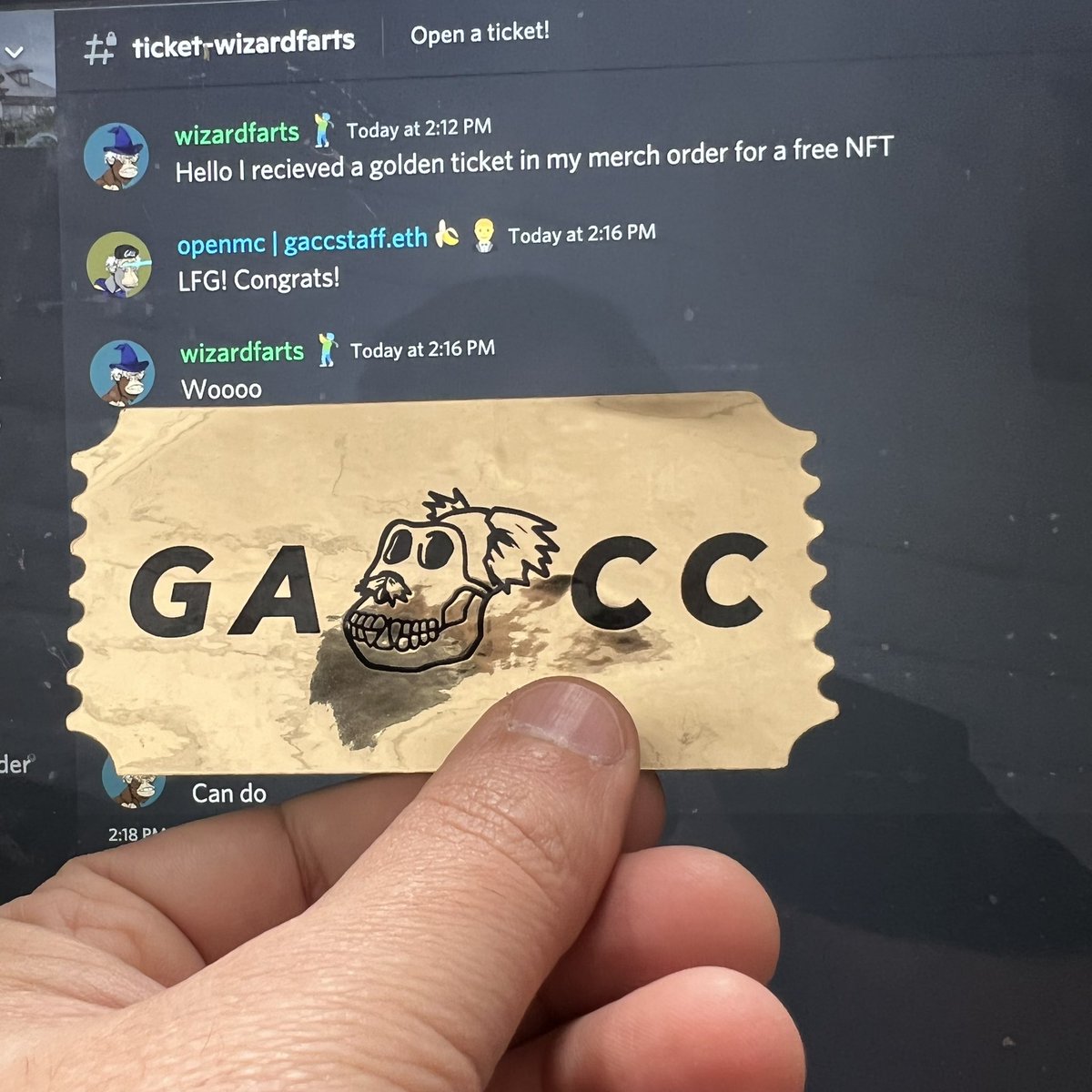 MatthewLanke's tweet photo. Golden Ticket inside my #GACC merch order. Good for one free GACC NFT which has a current floor price of 0.82 ETH! https://t.co/9m23Cs8n4V