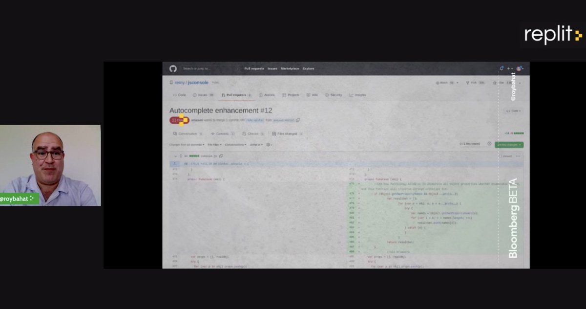 amasad's tweet photo. ;@roybahat pulled my first GitHub commit and it was adding better autocomplete for a JavaScript console project #ReplCon https://t.co/On4CIvNRoe