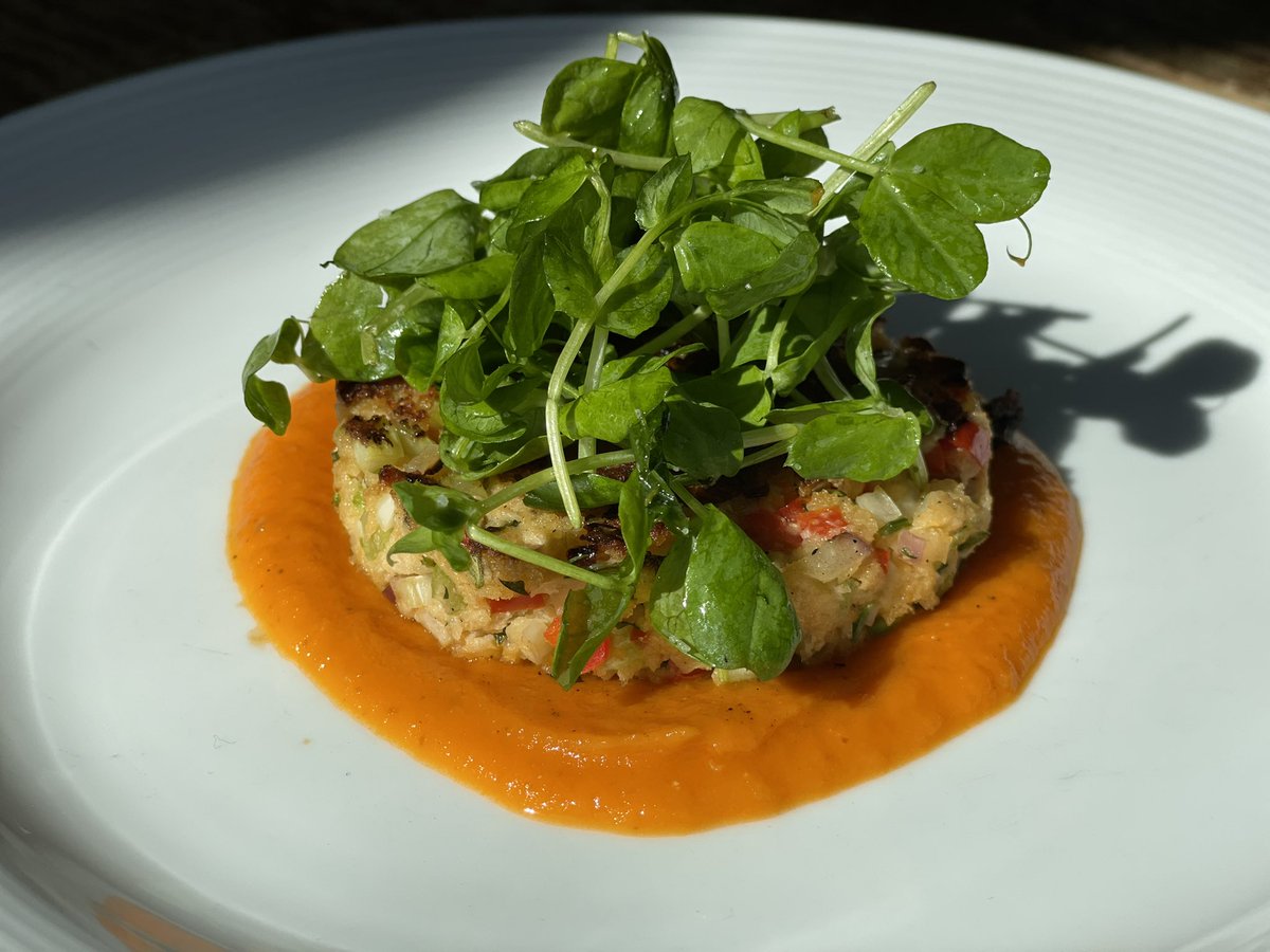 Special tonight…. Crab cake with tomato chili’s and City Bitty Farm pea shoots