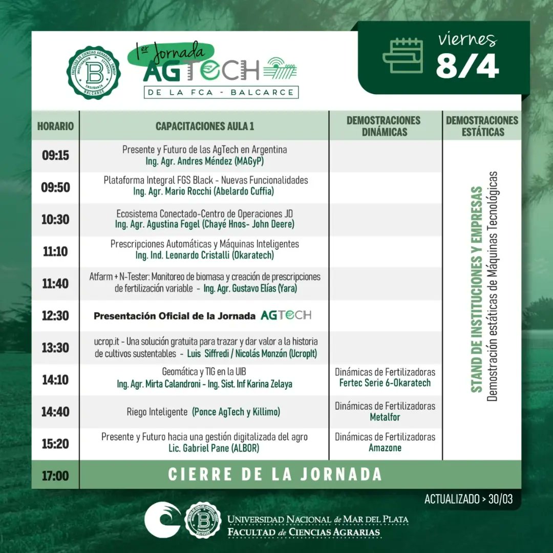 fcabalcarce's tweet photo. 📣📣I Jornada Agtech de la FCA Balcarce

👉 Mira todas las actividades que tenemos preparadas para vos‼️

🗓8 y 9 de abril 

📍#FCABALCARCE 👉 Ruta 226 km 73,5.

📋Completa el Formulario de inscripción y anótate en las dinámicas / capacitaciones
🔗https://t.co/N4FusLf2Ib https://t.co/nSxCoYGeJx