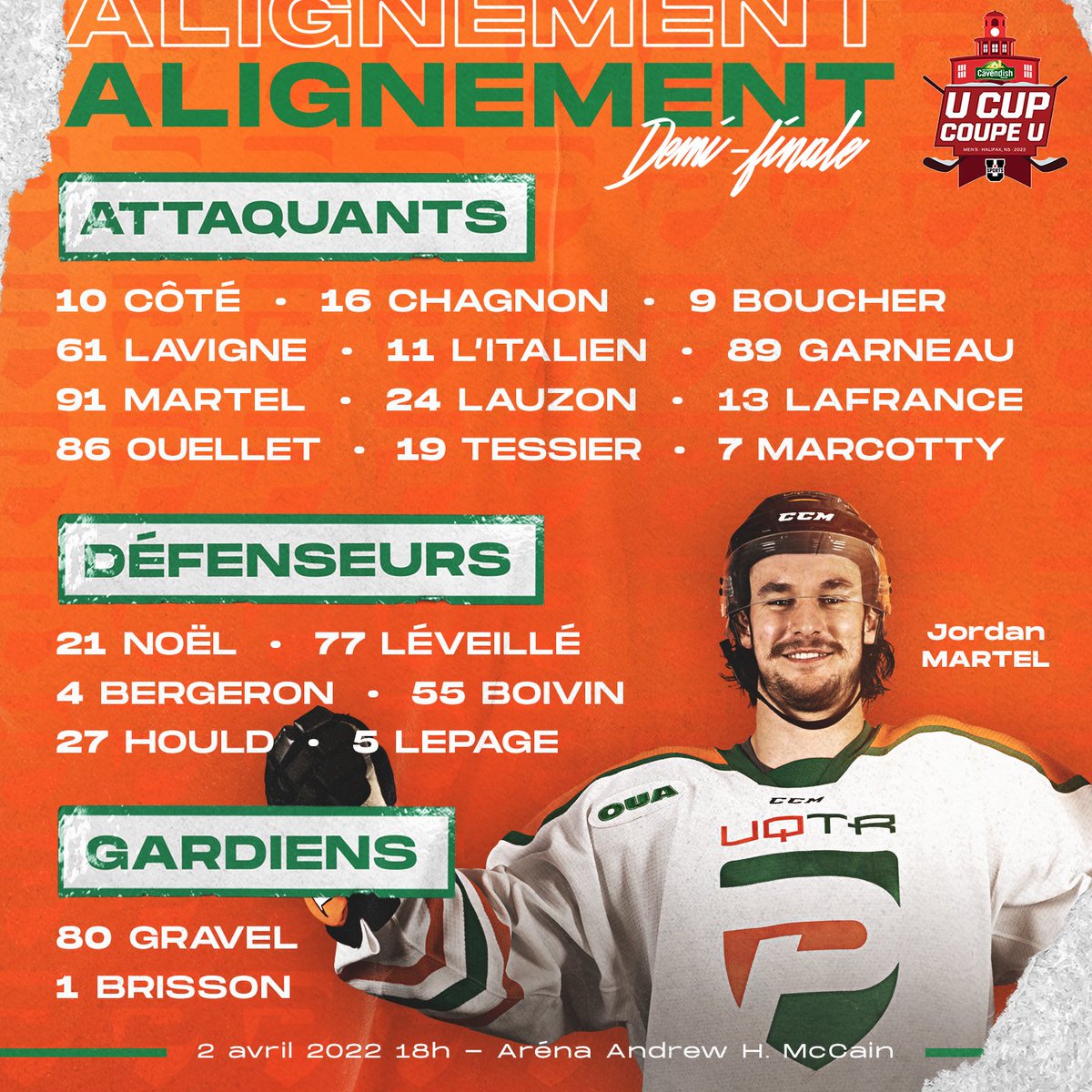 Voici l'alignement de Marc-Étienne Hubert pour cette demi-finale face aux Rams de l'Université Ryerson. 👊

📺 Webdiffusion dès 18h30: cbc.ca/sports / usports.ca/fr/webdiffuse