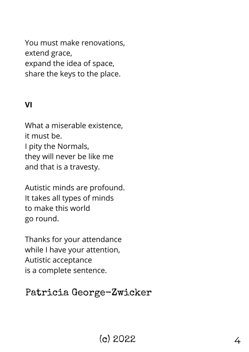 #ActuallyAutistic

Here it is. My #AutismAcceptance #poem.

I've worked on this for weeks. It's layered, it begs you to dig for them and not just stay on the surface.

#Autistic Acceptance is a Complete Sentence, by Patricia George-Zwicker.

#ActuallyAutistic
#AutismAwareness
