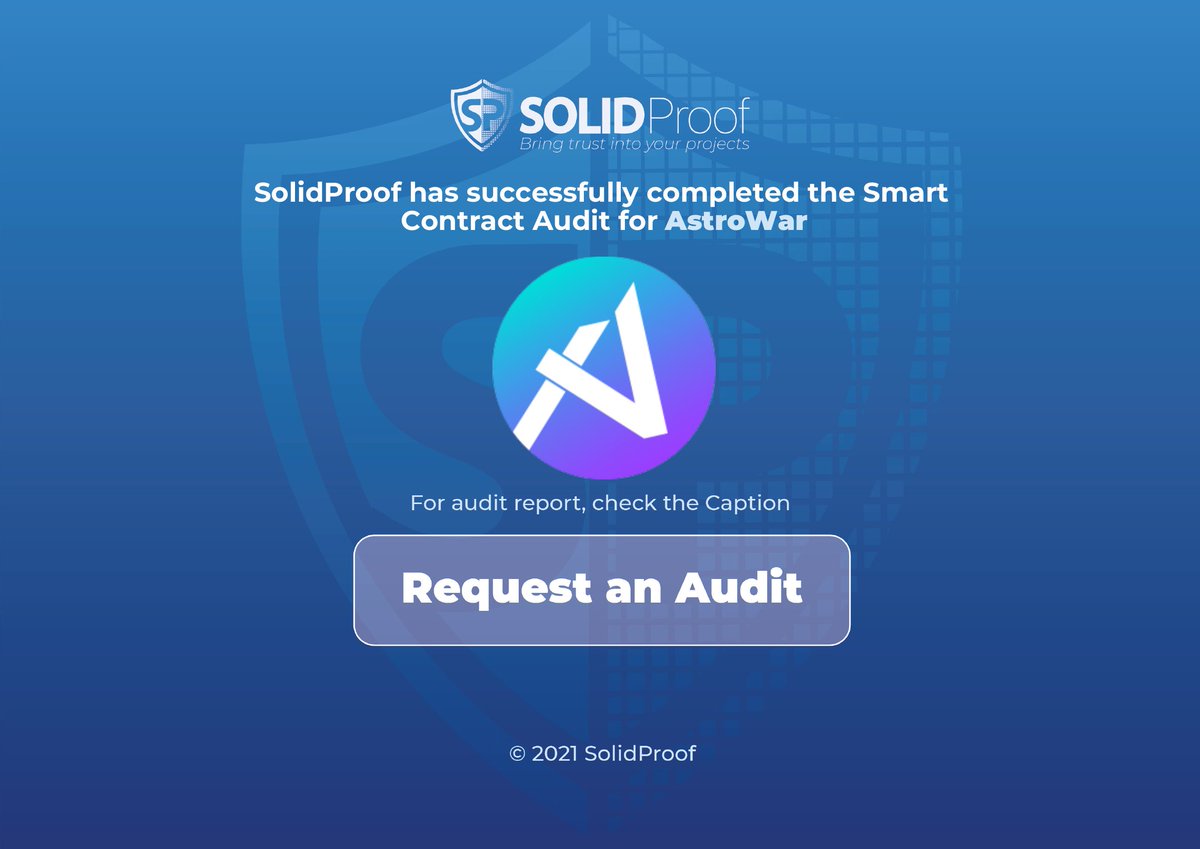 SolidProof_io's tweet photo. We are happy to announce that we have completed the smart contract audit for @AstrowarFi  
 
Need an audit?
https://t.co/i3evxJTtOP

Check out the full audit report here:
https://t.co/VFaVZFtTmM

#SmartContracts #Blockchain https://t.co/R4OVEVZQry