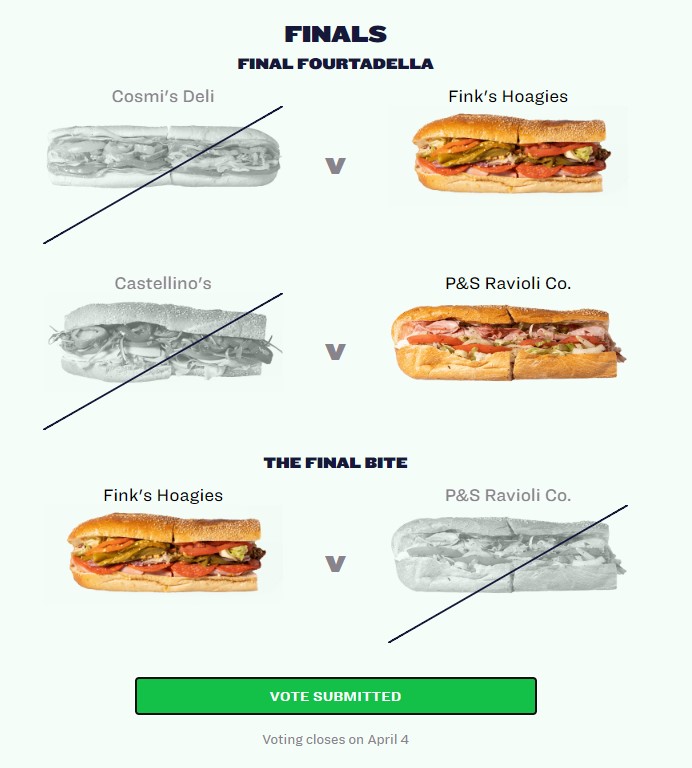 PawwDam's tweet photo. Here's me, a vegetarian, voting for @Finks_Hoagies over my ACTUAL go-to neighborhood hoagie deli Cosmi's, bc I have so much loyalty to a twitter friend @ericjawn (that i've met once IRL, lmao)
No one told me it would be this hard, but I did what had to be done 🥲
#ThinkFinks https://t.co/XK2nCsGtUu