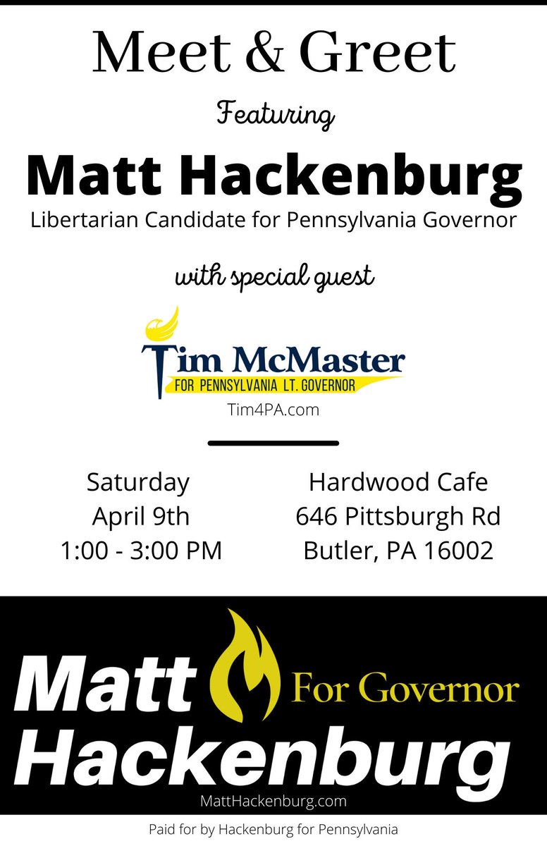 lpbutler's tweet photo. We are excited to announce that we will be hosting our ticket for Governor, @matthackenburg and @Tim4Pa, in our humble county for a meet and greet!
The event will take place on April 9th, 1:00-3:00PM, @HardwoodCafe ! https://t.co/8olhWI9S9T