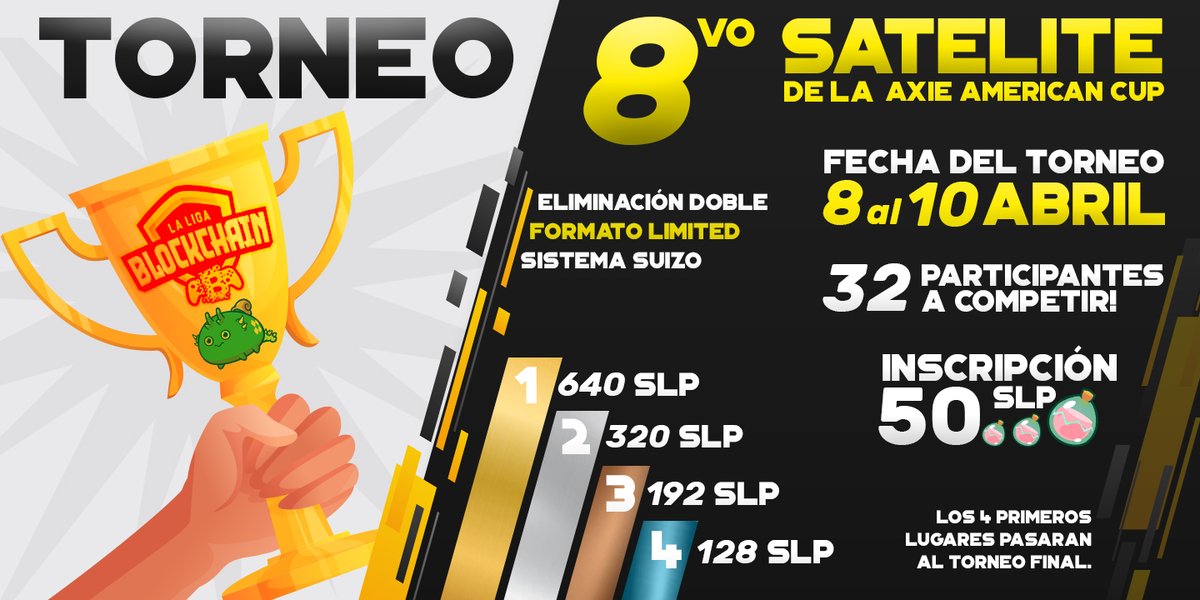 🏆AJA! Te recordamos que la siguiente semana tenemos torneo! Nuevo formato, nuevos combates, más diversión💪 No pierdas la oportunidad e inscríbete.

bit.ly/Satelite08

<a href="/AxieInfinity_ES/">Axie Infinity en Español</a> @EsportsAxie <a href="/AxieLatamGuilds/">Axie Latam Guilds</a> #AxieInfinity