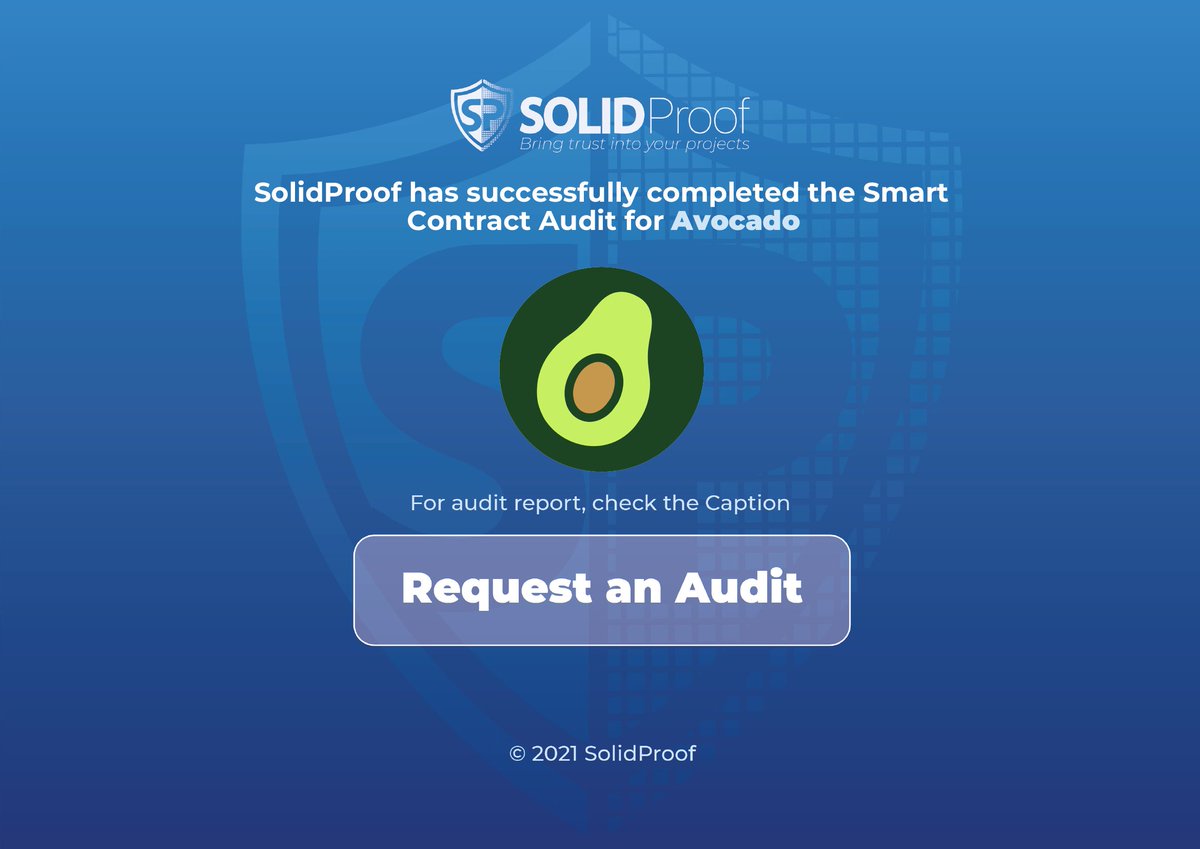 SolidProof_io's tweet photo. We are happy to announce that we have completed the smart contract audit for @TokenAvocado 
 
Need an audit?
https://t.co/i3evxJTtOP

Check out the full audit report here:
https://t.co/ksOw8Fhh6g

#SmartContracts #Blockchain https://t.co/QmcBoge8lP