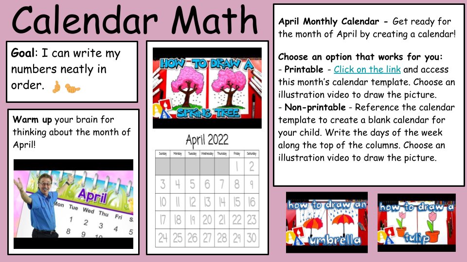 PintoBeanz11's tweet photo. It's April! Littles bring in the new month by creating a calendar & practice:
✍️number formation
👆counting the days
🖍️illustrating w/ @ArtforKidsHub
FREE Calendar slides/template: https://t.co/LvEpdgMaMq
#InnovatingPlay #MathChat #gafe4littles #kinderchat #firstchat #ecechat https://t.co/8ZU2ydt3Sp