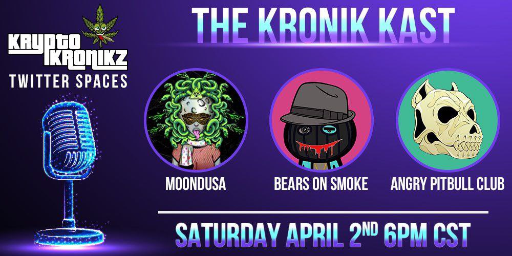 APC FAM! Reminder to tune in to our collab space today with <a href="/KryptoKronikz/">Kronikz</a> featuring @BearsOnSmokeNft and <a href="/Moondusa/">Moondusa</a> at 4pm PST🔥🔥🔥 
👇
x.com/i/spaces/1djGX…