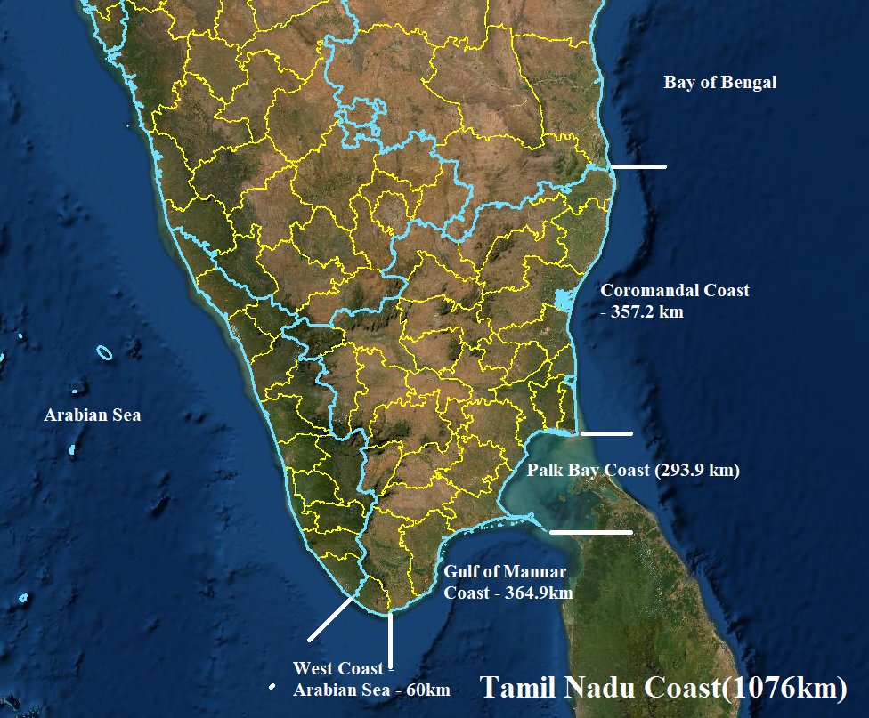 Twitter 上的Tamil Nadu Geography："#TamilNadu state has 1076km coast, it has 2nd longest coast in Mainland #India. 1. TN has 1.9 lakh Exclusive Economic 2. Continental shelf of 41,412sqkm 3.