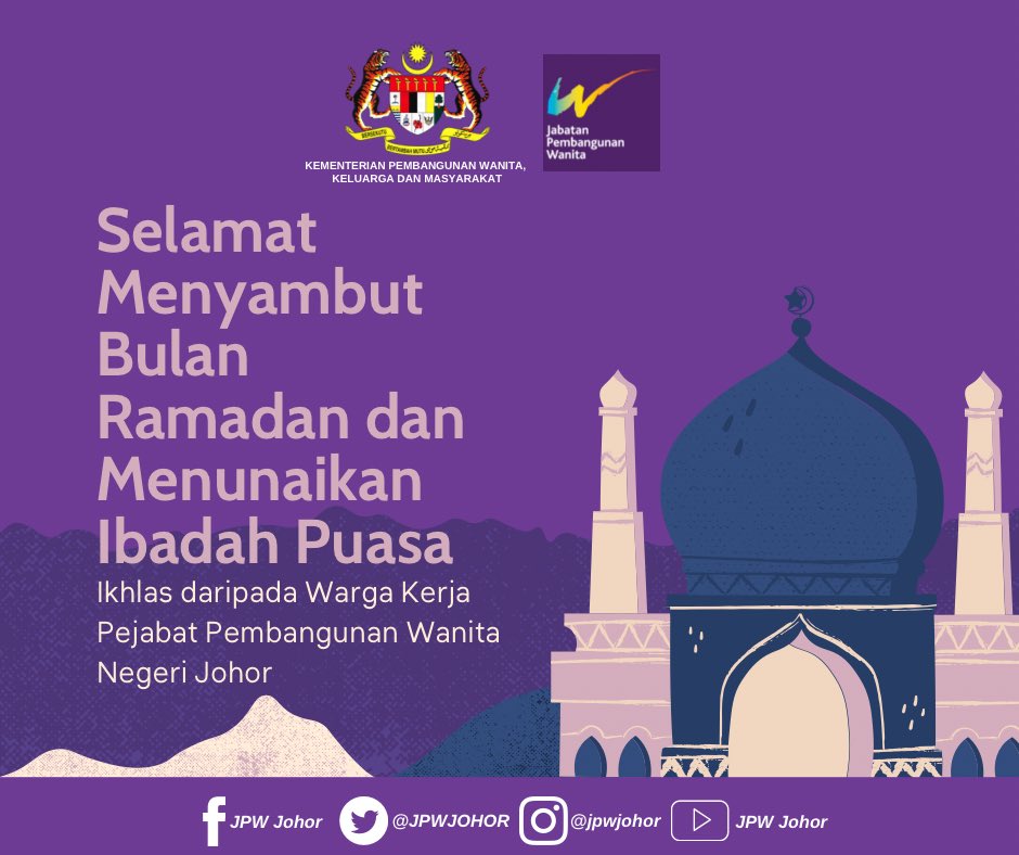 Selamat menyambut Ramadan Al Mubarak tahun 2022 Masihi bersamaan 1443 Hijrah ✨ Ikhlas daripada Warga Kerja Pejabat Pembangunan Wanita Negeri Johor 💜✨

#RamadanKareem
#WanitaCegahCovid19
#InspirasiWanitaJohor
#WanitaWajaNegara
#KeluargaMalaysia
#MalaysiaPrihatin
#SaksamaBersama