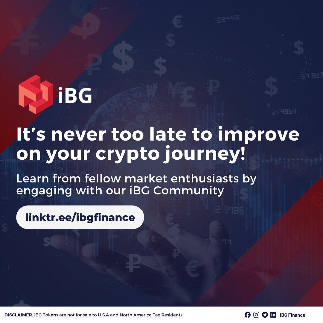 ibgfinance's tweet photo. It’s never too late to improve on your crypto journey! Learn from fellow market enthusiasts by engaging with our iBG Community 🤓
Click on https://t.co/NxPyPzZv9H and start thriving today!
#DefinitelyiBG #Crypto #DeFi #altcoin https://t.co/zg7EHvTzbH