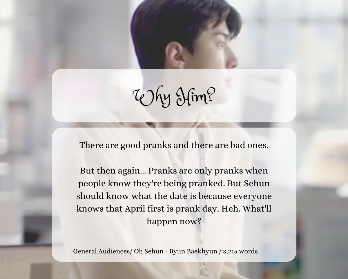 topsehunfest's tweet photo. 🤍 Why Him?
🤍 TSF2-007
🤍 Sehun/Baekhyun 
🤍 General Audiences 
🤍 College AU, jealousy, April Fools’ Day, misunderstandings
🤍 3215 words
🤍 https://t.co/TRliiIuRyJ

#tsfR2 https://t.co/C5Iz4IagAa