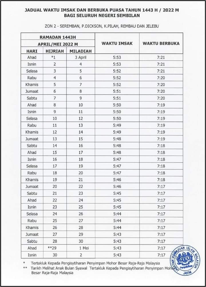 Seremban waktu 2022 negeri sembilan solat Waktu Solat
