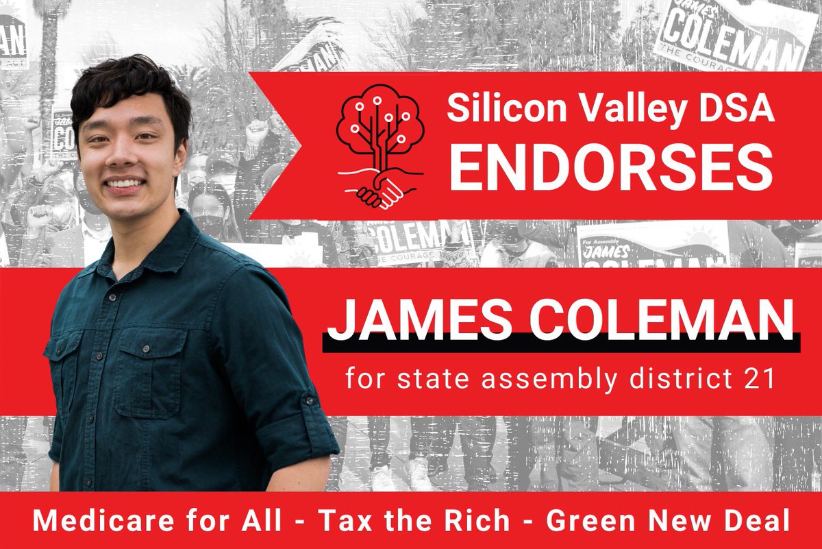 SV_DSA's tweet photo. SV DSA endorses democratic socialist @JamesColemanSSF for state assembly district 21. Its time for bold policies in California that will put people and planet over profit🌹 

Learn more and plug into the grassroots, corporate-free campaign: https://t.co/rnEwvv3WgE https://t.co/8m6JJDsptw