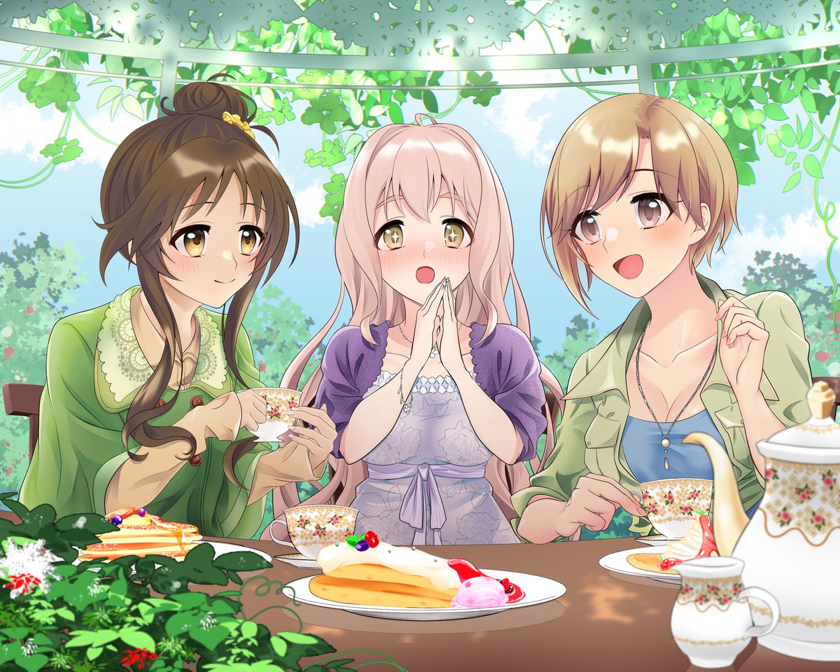 takamori aiko multiple girls 3girls food brown hair single hair bun smile cup  illustration images