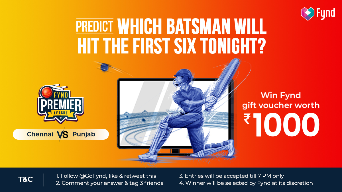 fynd_official's tweet photo. 🚨CONTEST ALERT🚨 

It’s Chennai vs Punjab tonight! Predict which batsman will hit the first six! 🏏🏏 
Please read the Terms &amp; Conditions to stand a chance to win a Fynd gift voucher of ₹1000💫

#IPL2022 #CSKvsPBKS #iplcontest #CricketTwitter #fyndpremierleague #fynd https://t.co/dkQ6HUIqJb