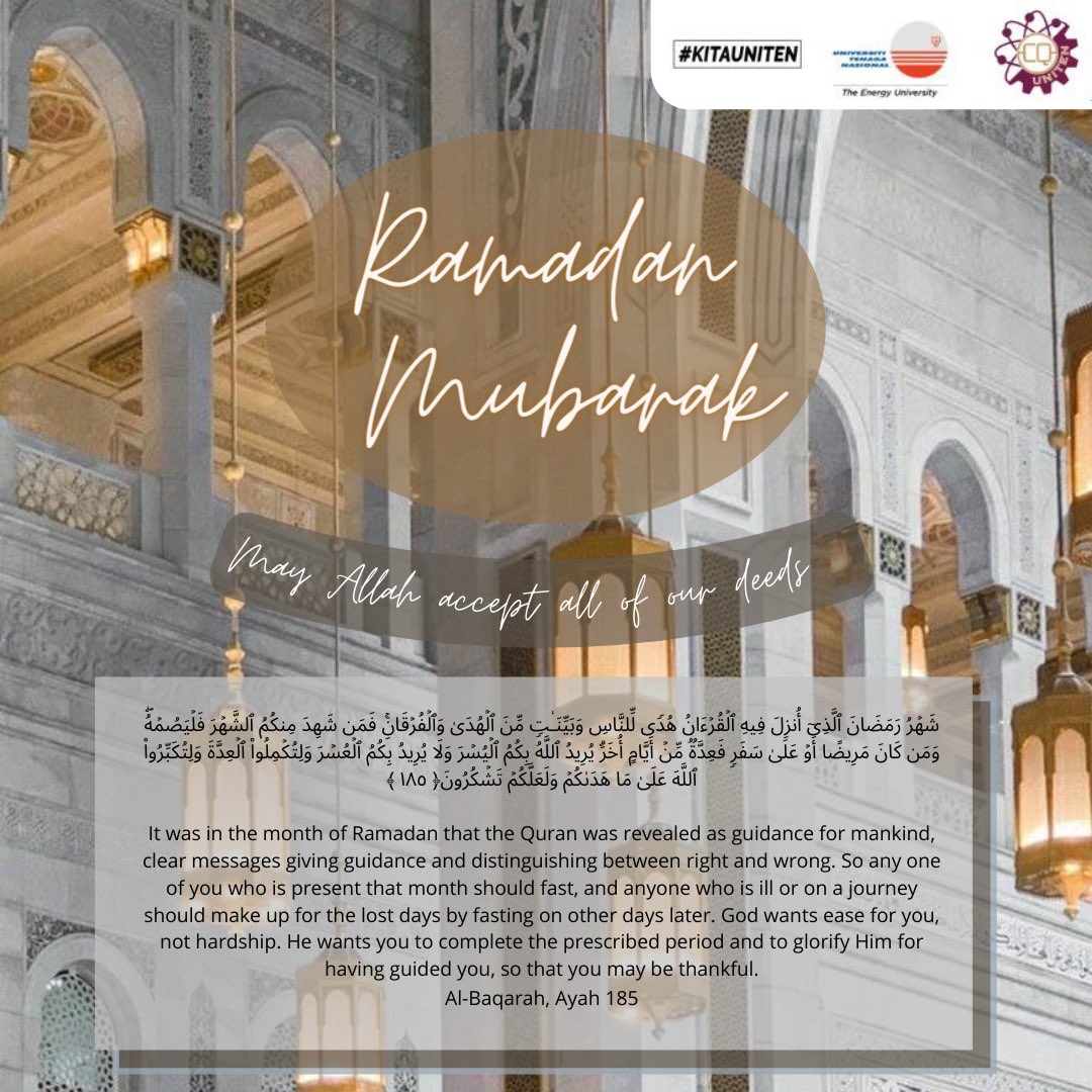 clicq_uniten's tweet photo. Happy Ramadan Kareem!🎉 🎊

CLICQ Club wishes all our Muslim Unitenians to have a blessed Ramadan with your family and friends 🙌

May God fill in your life with divine light of luck and joy. Ramadan Mubarak! ✨ https://t.co/ie1oE11qwD