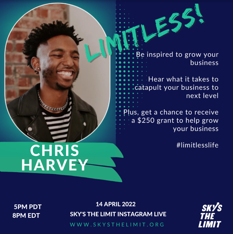 SkystheLimitOrg's tweet photo. You're invited! Join us 4/14 for our #LimitlessLife Instagram Live with the amazing, 2-time #Entrepreneur Chris Harvey! And, get a chance to win a $250 #grant to help you with your business! Register https://t.co/HN9niUG1fc #Limitless #BeLimitless #LimitlessLife #SmallBusiness https://t.co/6WiSwR3Aro