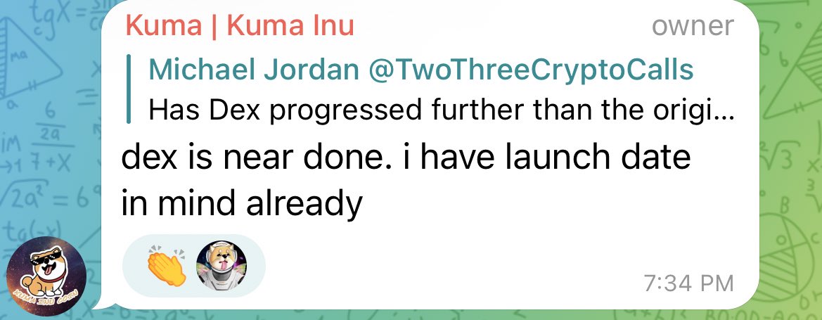 Hey $kuma &amp; $dkuma army 👋. How y’all feelin!!!  The dev was active in telegram today and addressing Questions. Here is my favorite message he said. Very happy to see my hibernation hypothesis panned out correct. We are hitting $1-3 billion MC this summer, minimum.