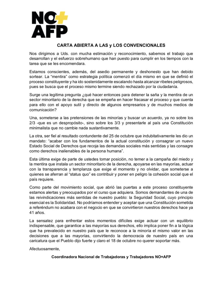 CARTA ABIERTA A LXS CONVENCIONALES
No cedan a los manejos de la derecha, harán lo que sea para mantener sus privilegios y seguir parasitando sobre los hombros de lxs trabajadorxs
<a href="/convencioncl/">Chile Convención</a>
<a href="/giovannaroa/">Giovanna Roa Cadin</a>
<a href="/fernando_atria/">Fernando Atria</a> _ 
#ContamosContigo
#SeguridadSocialParaChile
#NOmasAFP