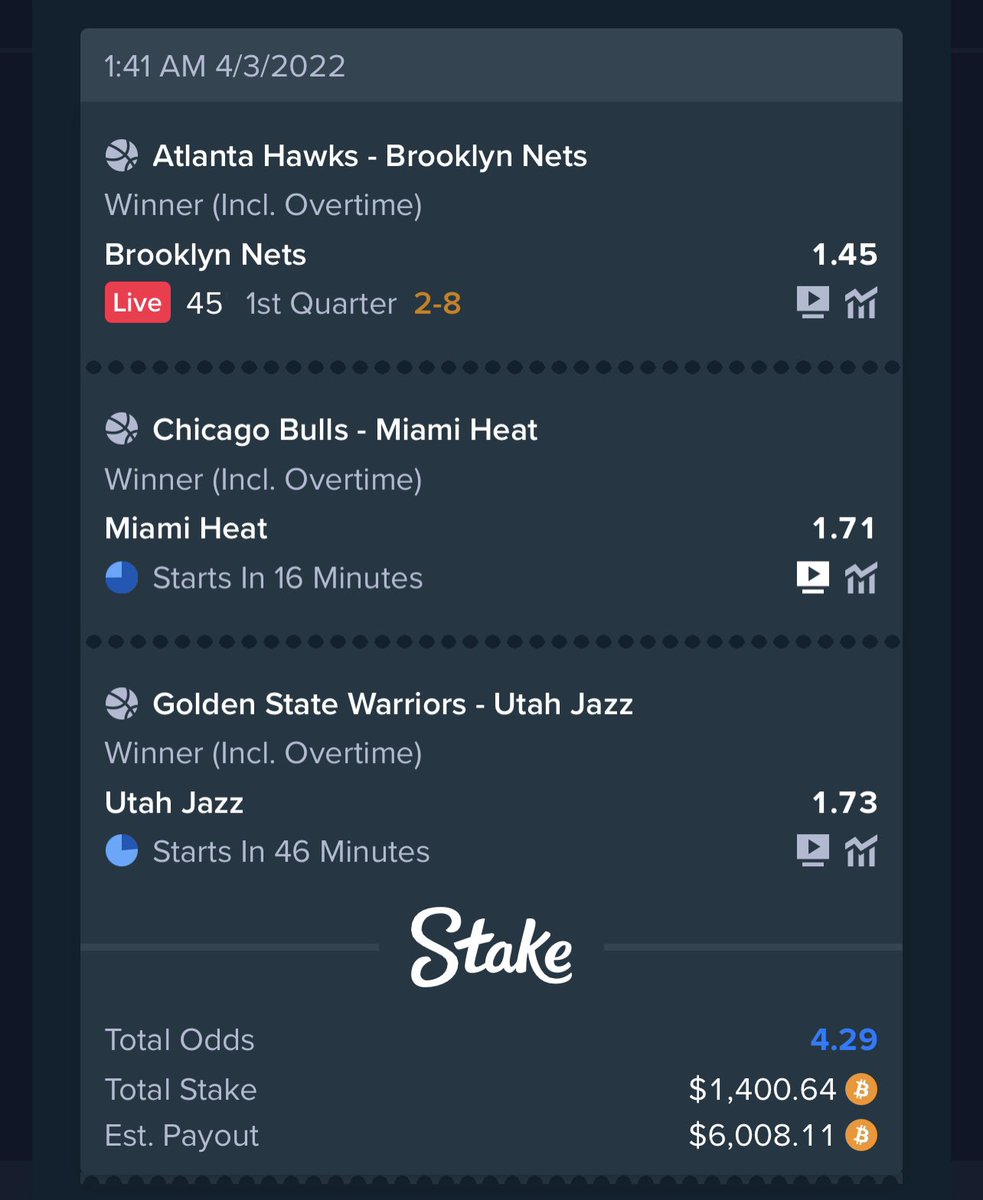 🏀 Giving one of you guys $2,000 in #BTC if this bet comes in, simply just RT, follow me and reply stake username!