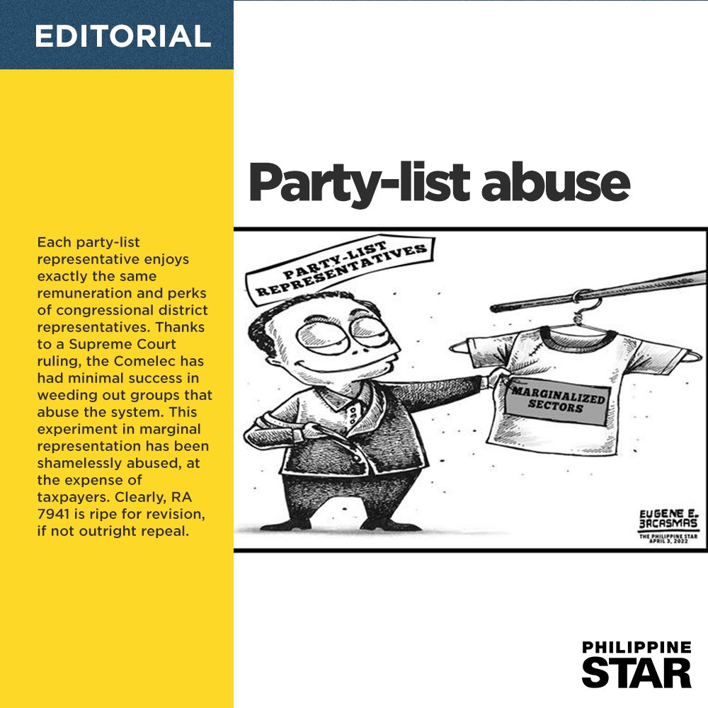 PhilippineStar's tweet photo. TODAY'S EDITORIAL: Party-list abuse https://t.co/UtXLbKcJK3 https://t.co/N7uU61Pjdm