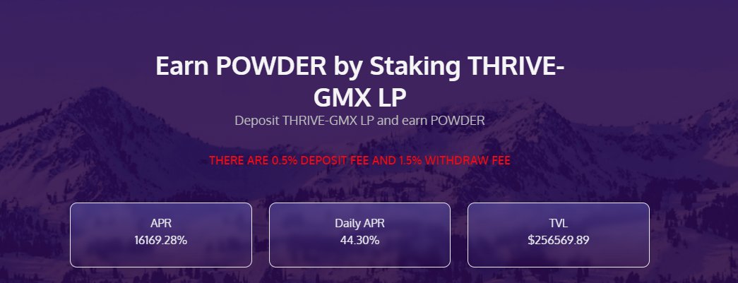 Snow_Thrive's tweet photo. $POWDER emissions are live! Stake your $THRIVE- $GMX LP for currently 44% DAILY yield! https://t.co/1cygd5VzHv