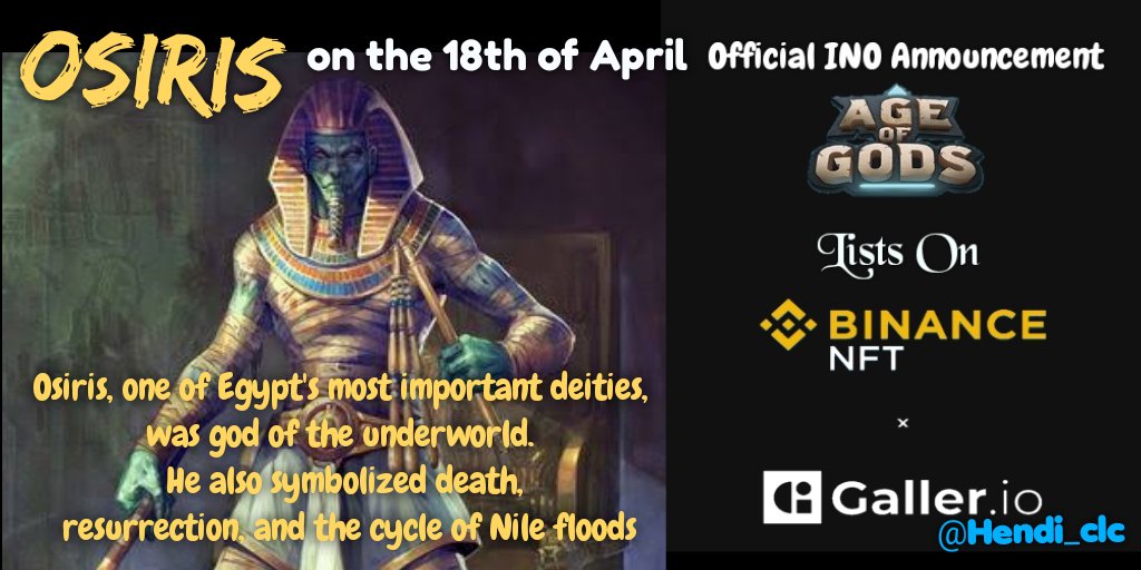 Hendi_clc's tweet photo. Fellow Gods! We are glad to announce our INO date has been confirmed by Binance and Galler to be starting on the 18th of April.

Get Ready! Read how it works:
https://t.co/TnXbl7dpa9

#BinanceNFT #AOG #Galler #play2earn @TheBinanceNFT
@AgeOfGodsnet @alphacapitals https://t.co/vqtamFsCcy