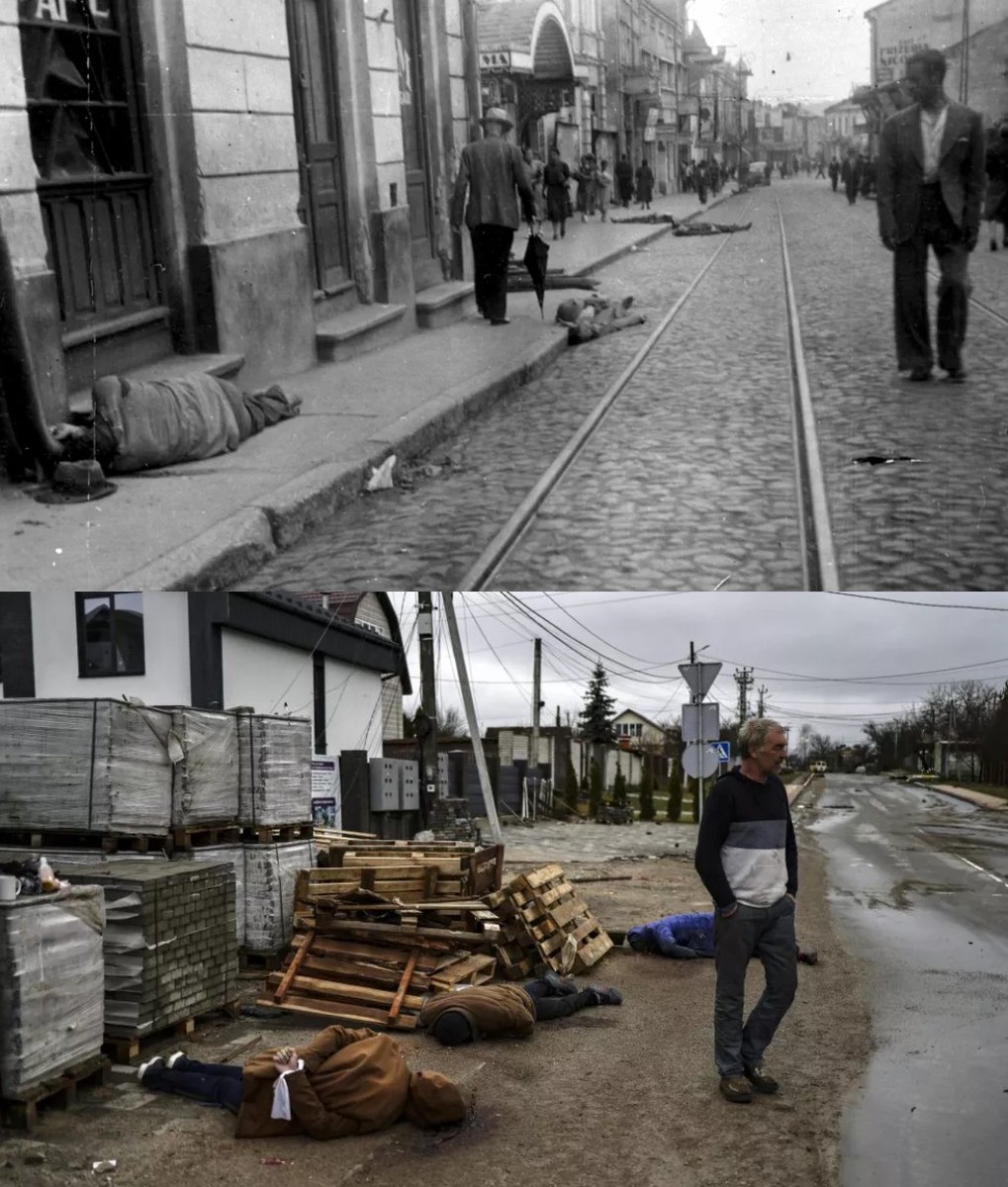 Up: Jewish residents of Iasi, Romania, murdered by the Nazi allies in June 1941. Killed because they were Jewish.

Bottom: Residents of Bucha, Ukraine, murdered by Russian soldiers in March 2022. Killed because they were Ukrainians.