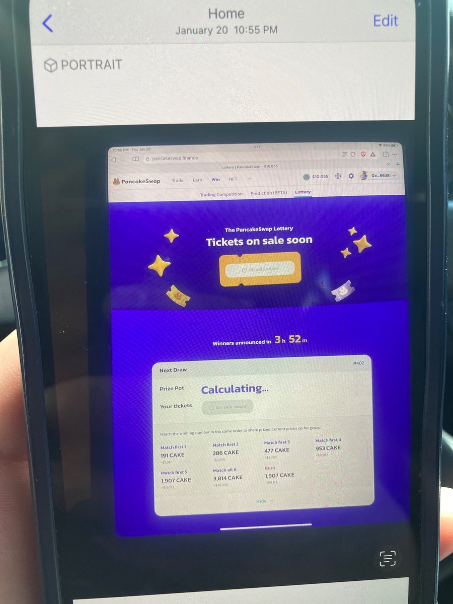 402Lotto's tweet photo. @PancakeSwap Lotto #402 
I took a pic because my PCS app kept calculating, until the next day. I realized they were altering my win/game and needed to wait so it can take effect and make sense. But I Claimed 10 cake, for a game I supposedly never played. 🤔
@cz_binance @BNBCHAIN https://t.co/4bHxdweIkm