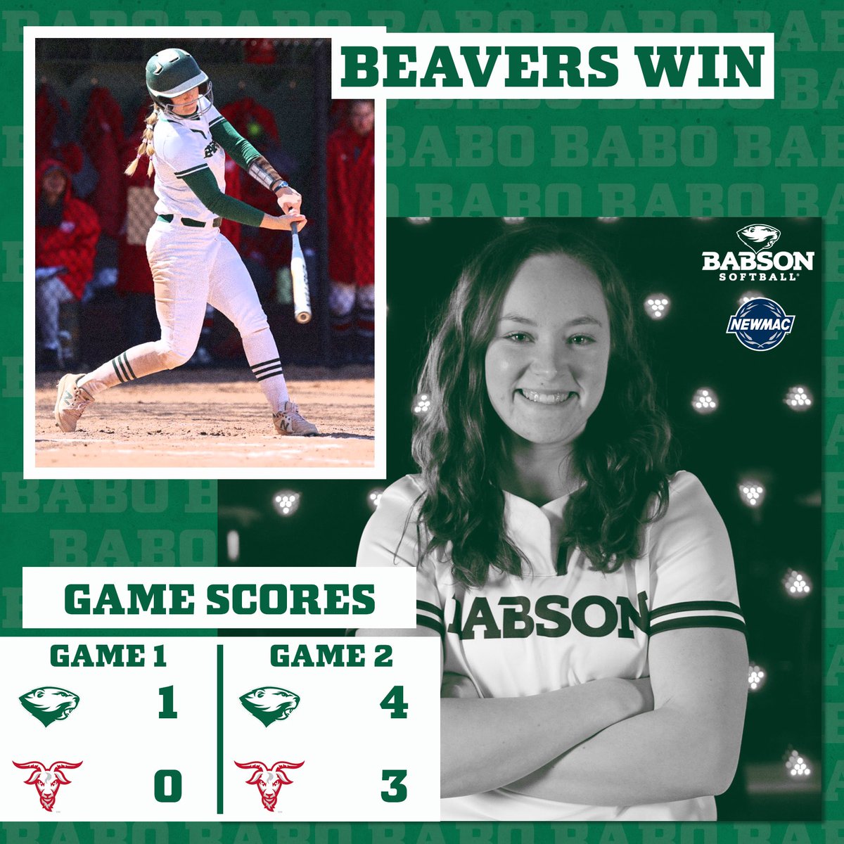 babsonsoftball's tweet photo. Two hard fought total team wins means another Beaver Sweep, and this time in walk-off fashion! 

#GoBabo #HEARTwork https://t.co/3o30iqqEGz