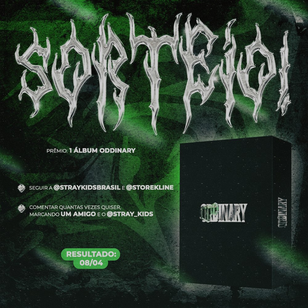 StrayKidsBrasil's tweet image. 💚| SORTEIO #ODDINARY 

Em comemoração aos 80 mil seguidores, estamos sorteando um álbum em parceria com a @StoreKLine.

Regras: 
- Seguir @StrayKidsBrasil e @StoreKLine 
- Marcar um amigo + @Stray_Kids 
- Dar RT e fav nesse tweet.

O sorteio ocorrerá dia 08 de abril!