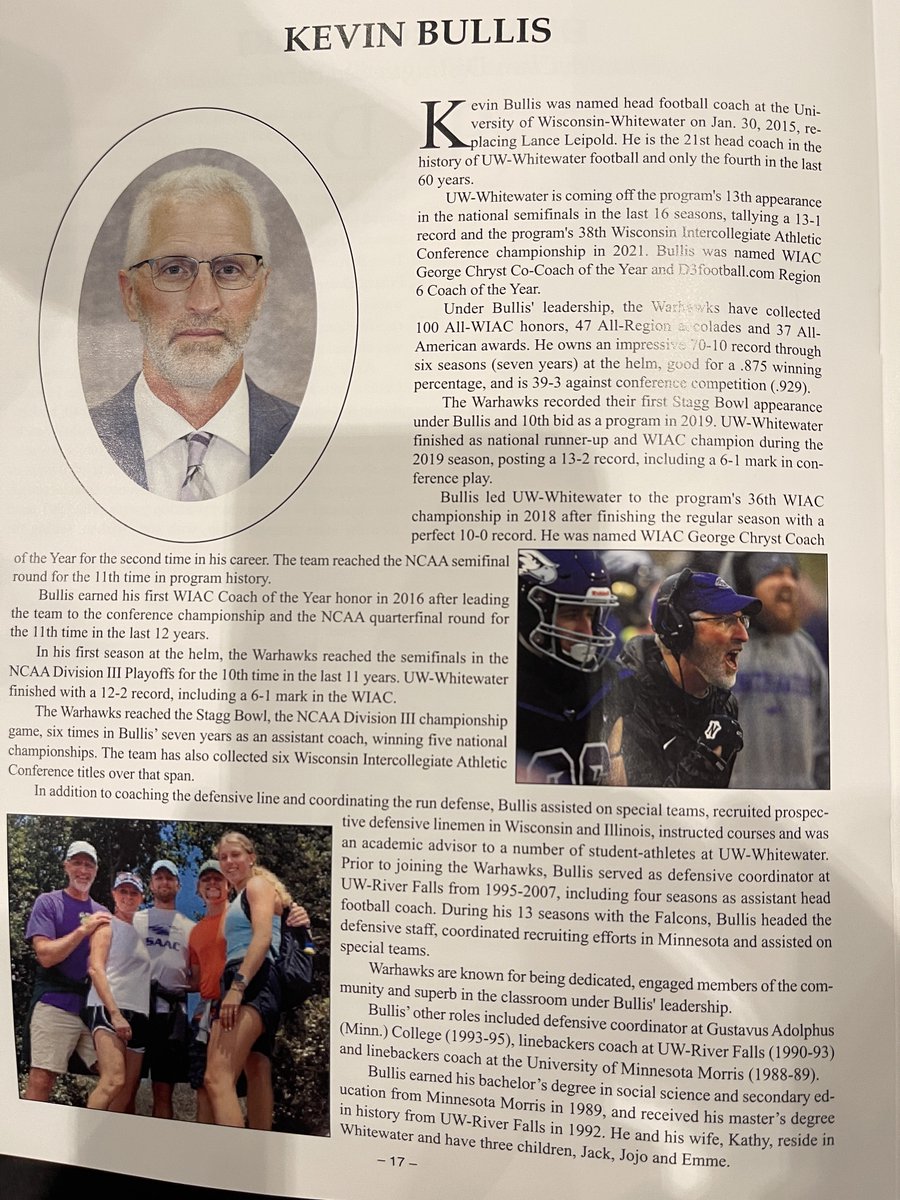 UW- Whitewater’s Kevin Bullis is inducted into the WFCA Hall of Fame for his contributions as a head coach and assistant coach.