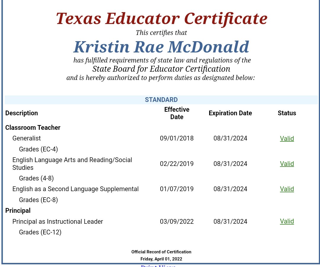MsKMcDonald's tweet photo. Got my principal certification! It's official! Anyone need an AP? #Excited #ReadyForTheNextStep https://t.co/rsR0FM9ndX