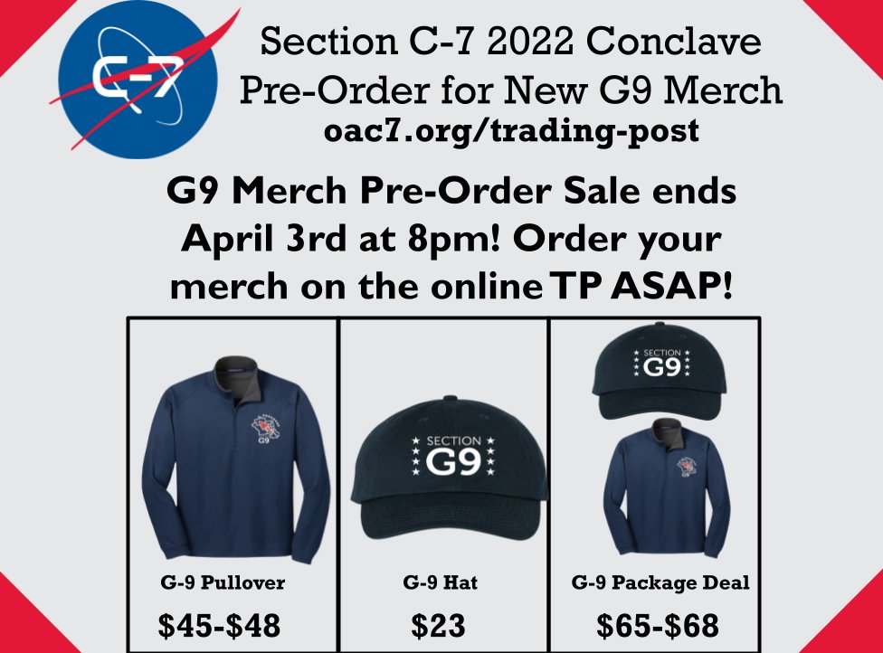 OASectionC7's tweet image. You still have time to pre-order some of our brand new G9 merch on the online Trading Post including the Pullover, Hat, and the package deal. Sales will close tommorrow 8pm so get your orders in as soon as possible!

#OA #OABSA #C7 #SectionC7 #G9merch #C7TradingPost #merch #drip