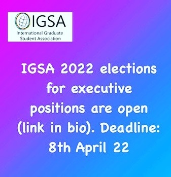 IGSA executive team elections are open (link in bio). Deadline: 8th April instagr.am/p/Cb3lIYSLtuk/