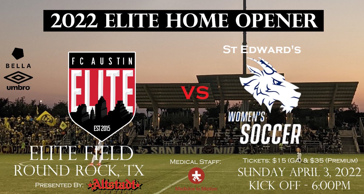 EliteSoccerNet's tweet photo. 2022 Season Opener - Match Day 1
♥️ @FCAustinElite
📅 Sunday April 3
⏰ 6:00pm
🆚 @SEUWSoccer 
🏟️ Elite Field, Round Rock
📺 https://t.co/xIBV6gzNAY https://t.co/OrdHhXszh4
