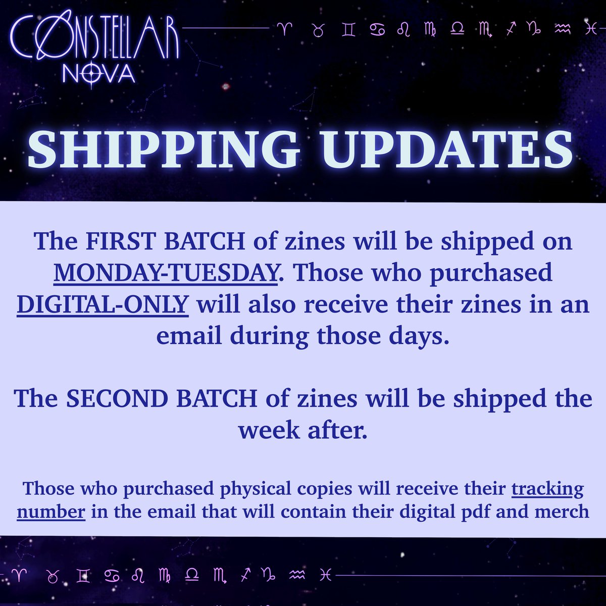 Constellar_Zine's tweet photo. Thank you for your patience! Shipping of zines will start on this week’s Monday-Tuesday and then the Monday &amp; Tuesday the week after! https://t.co/ytF3QRvKsj