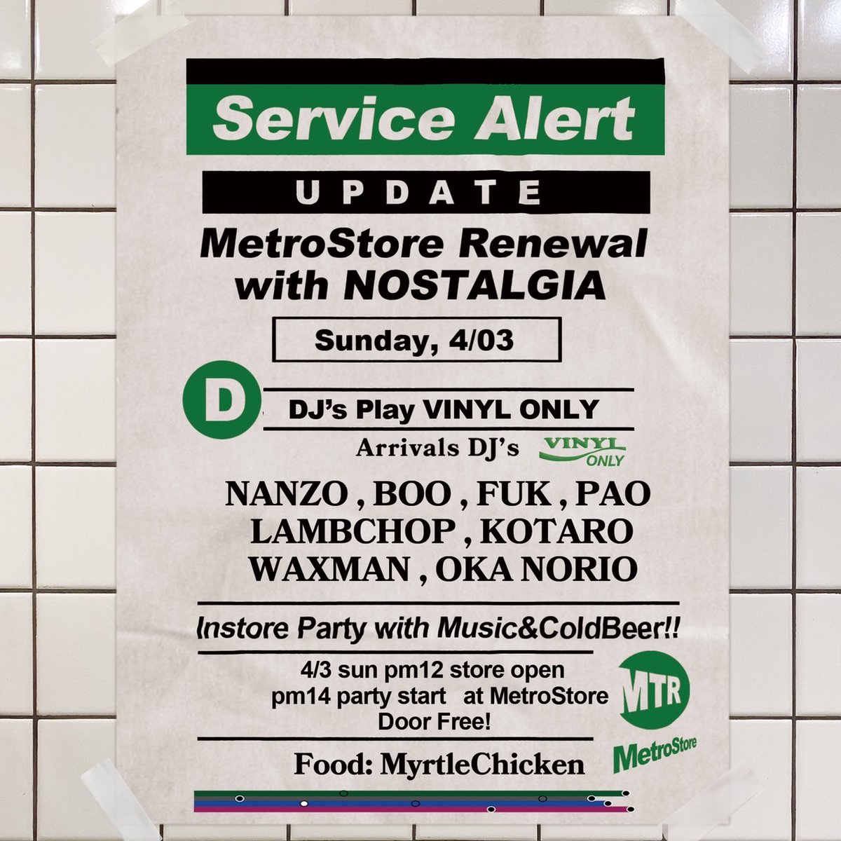 lambchopfunk's tweet photo. MetroStore
Renewal with  NOSTALGIA

4/3 SUN 
Store open 
pm12:00
Event start
pm14:00-20:00

Door Free!

Place
MetroStore
大阪市浪速区難波中3-14-16セイアンビル　地下一階 https://t.co/O94EyxOyox