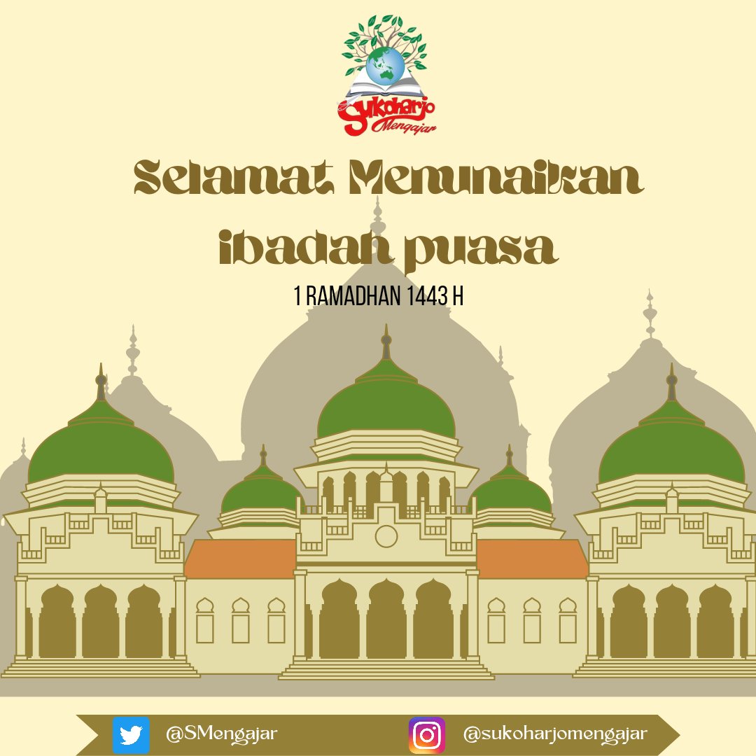 SMengajar's tweet photo. Kami seluruh Keluarga Besar Sukoharjo Mengajar mengucapkan selamat menunaikan ibadah puasa Ramadhan (1 Ramadhan 1443 H)

Semoga di bulan yang penuh berkah ini, kita senatiasa menjadi pribadi yang lebih baik lagi dan seluruh amalan diterima kita diterima oleh Allah Swt.. https://t.co/r3WSrOimAD