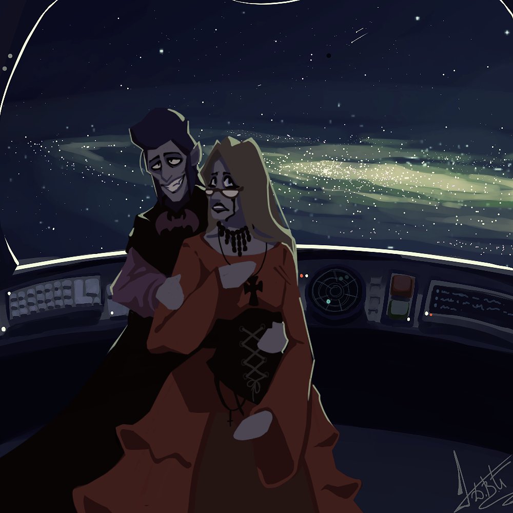 Daria666_1600's tweet photo. Недо-перевод:
- Where are we?
-on the spaceship colonel ruffs, now we can look at the stars from here 🖤
- Where is the coloner himself? Shouldn't he follow the helm
- no, I hired a ship for a while, for now I will be at the helm
#OC
#Mortis
#ColonerRuffs https://t.co/LmYh31DJOi