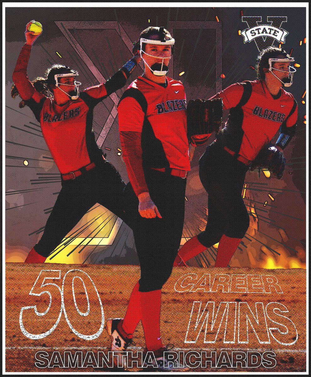 VState_Blazers's tweet photo. 𝐓𝐡𝐞 𝐛𝐢𝐠 5️⃣0️⃣. 

With her two wins over CBU tonight, junior pitcher Samantha Richards has reached 50 career wins for the red and black. 💪 #BlazerNation

@VStateSoftball https://t.co/bOPJQ3s9f6
