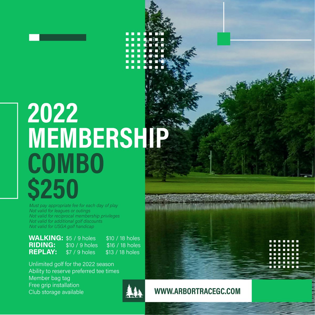 arbortrace's tweet photo. โณCombo Membershipโณ
The "combo" membership is one of our most popular membership options! This membership contains many benefits here at ArborTraceGC including:
Golf for the 2022 season.
Reserve preferred tee times.
Member bag tag.
Free grip installation.
#PlayARound https://t.co/fkHpVBRpbn
