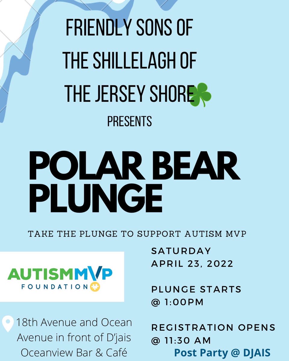 AutismMVP's tweet photo. We are so excited to announce the Friendly Sons of the Shillelagh of the Jersey Shore is hosting a Polar Bear Plunge🧊Part of the proceeds will benefit Autism MVP! We would love to see you there !! Swipe for more details. Take the plunge with us !! ❄️🌊 #AutismAcceptanceMonth https://t.co/fNd0tOwj6K