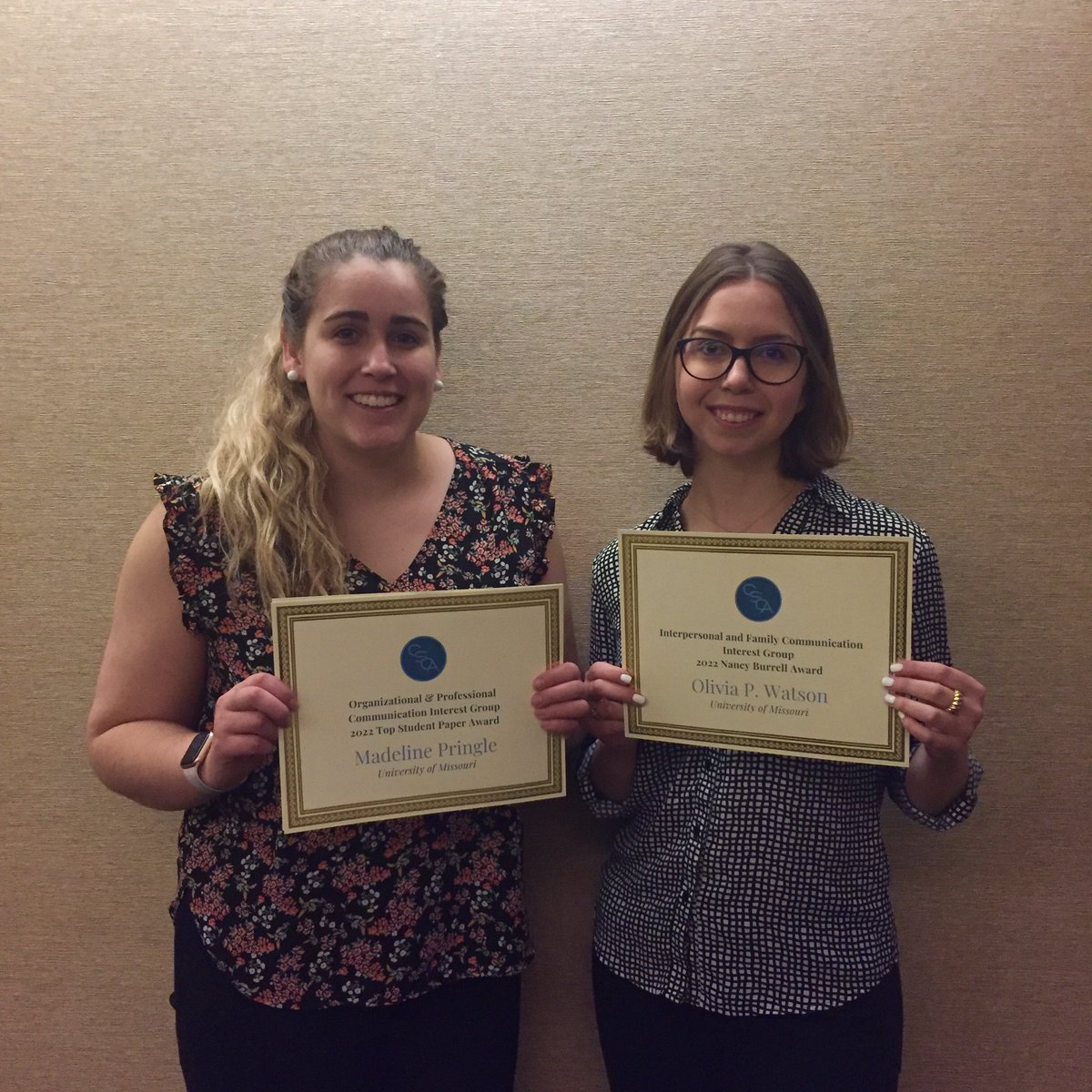 MizzouComm's tweet photo. Maddy Pringle @msmaddysue and Olivia Watson @owatso_ were among two @MizzouComm graduate students who received top papers in the Organizational Communication and Family Communication interest groups at #CSCA22 Go Tigers! Congratulations a lot 🥳🥳🥳 #mizzou #csca #mizzoucomm https://t.co/WlCmeLpqFM