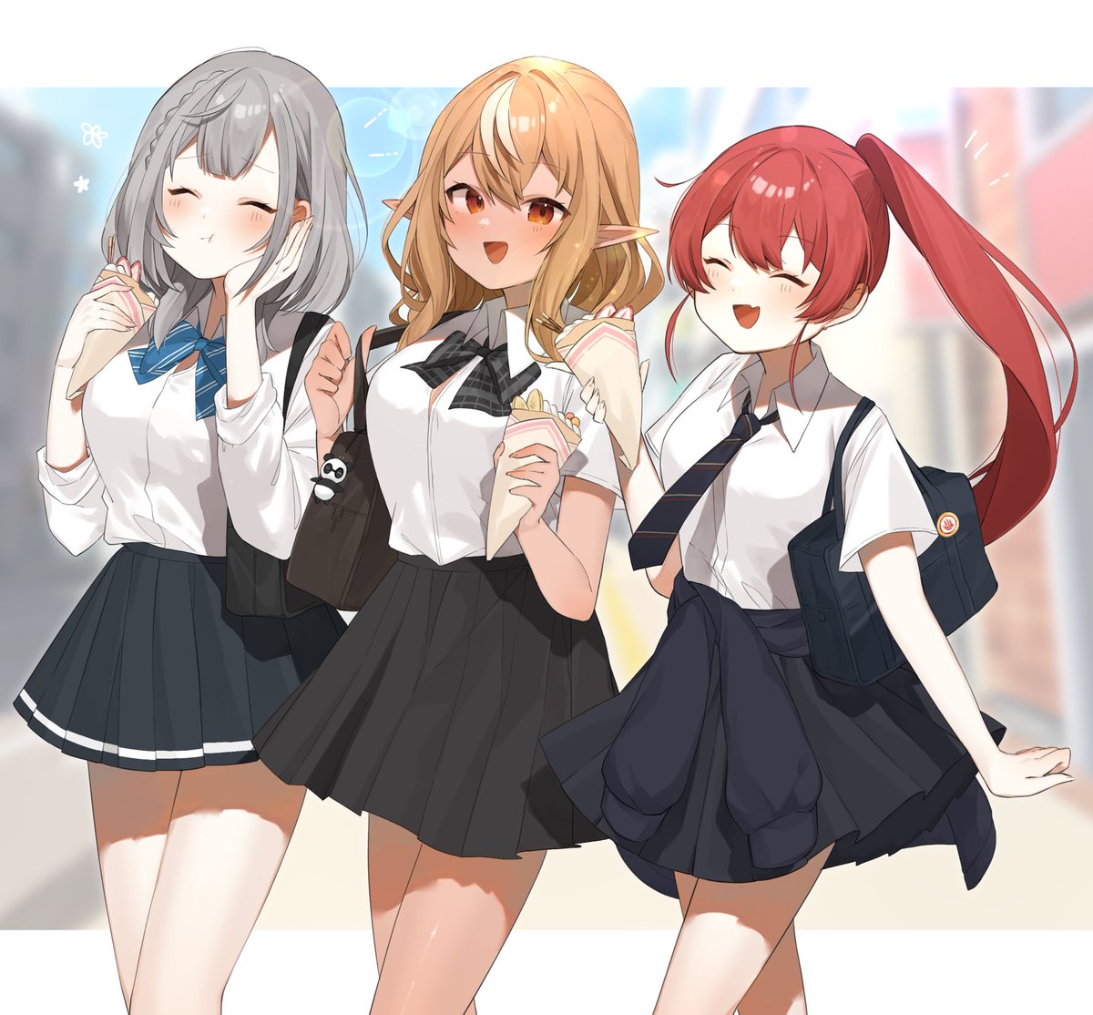 houshou marine ,shiranui flare ,shirogane noel multiple girls 3girls skirt crepe clothes around waist food school uniform  illustration images