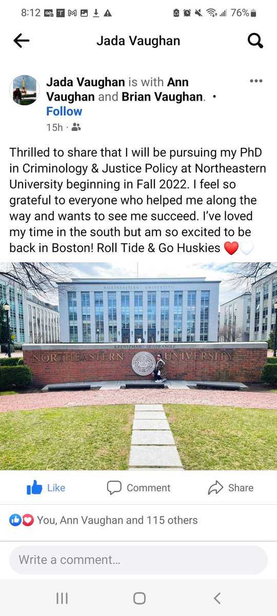 Congratulations to my Daughter Jada Vaughan. So excited she will be attending my alma mater, Northeastern University to pursue her PHD in the Fall...Let's go Huskies!! #PROUDDAD
#HUSKY4LIFE